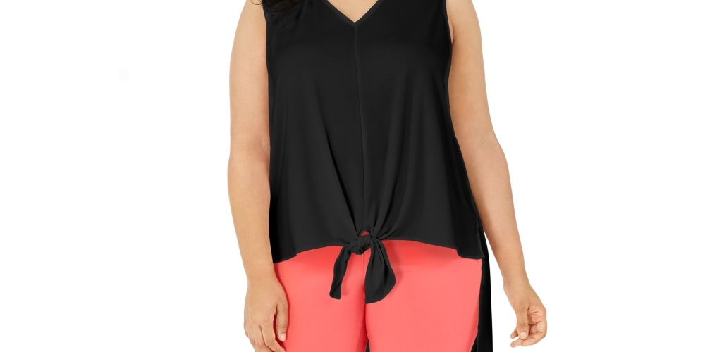 Blusa feminina Alfani Plus sem mangas com amarração na barra, cano alto e baixo, preta, tamanho 4X