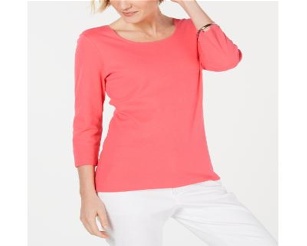 Karen Scott Blusa feminina de algodão com decote redondo, azul, tamanho pequeno G
