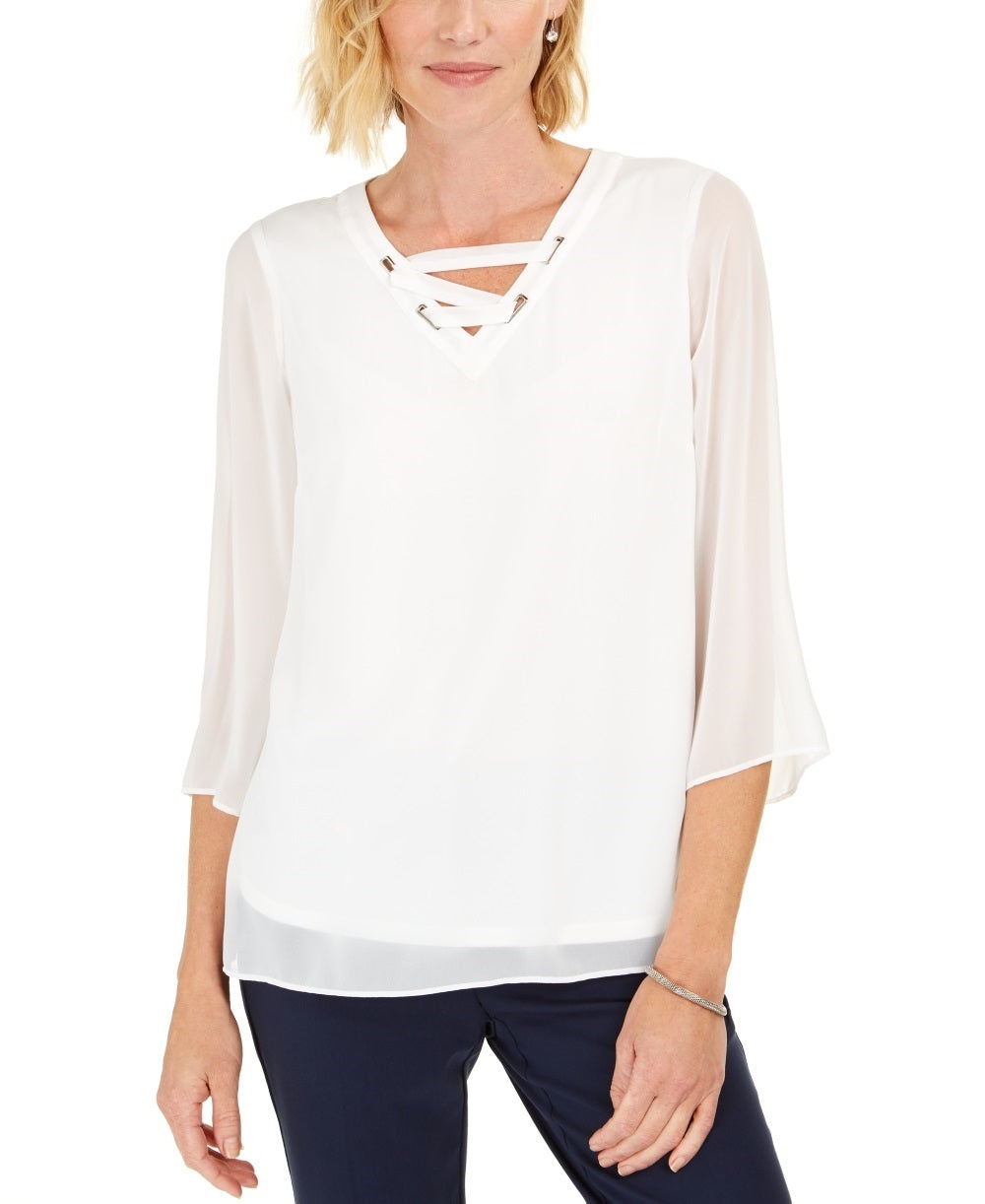 JM Collection Top Feminino com Renda e Acabamento em Ilhós, Branco, Tamanho Pequeno