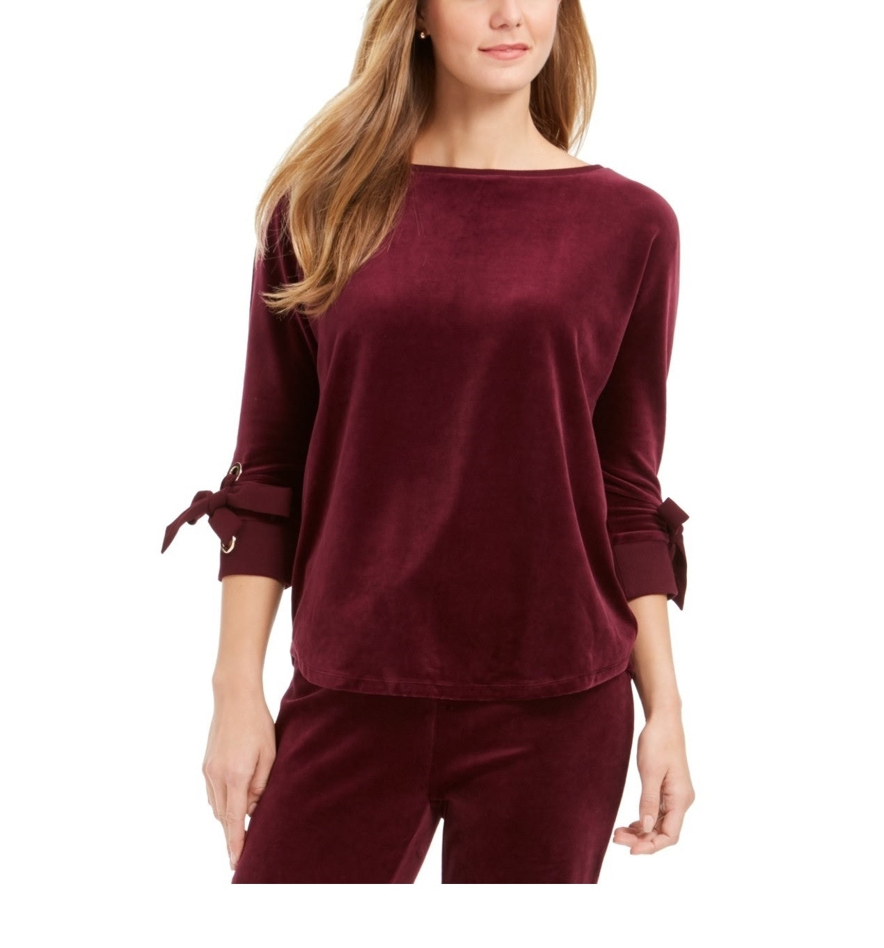 Charter Club Blusa feminina de veludo com manga amarrada, vermelha, tamanho extragrande
