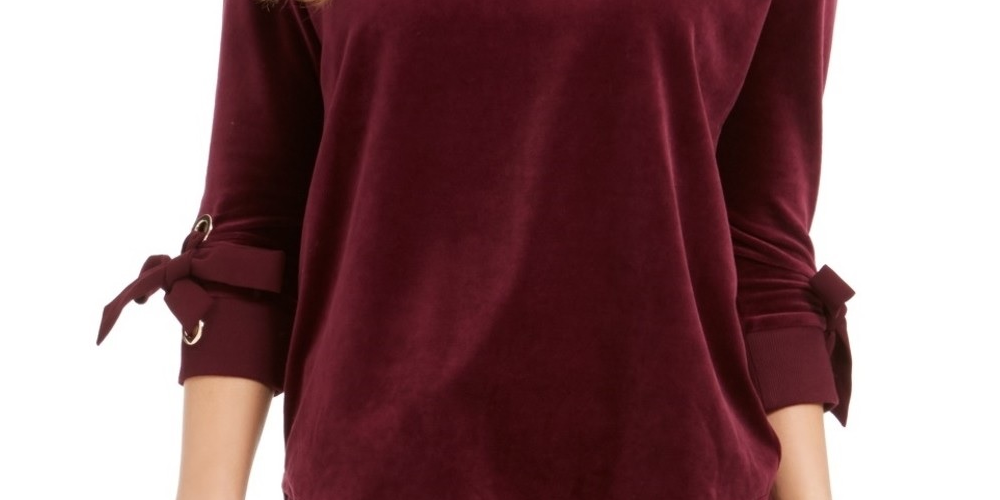 Charter Club Blusa feminina de veludo com manga amarrada, vermelha, tamanho extragrande