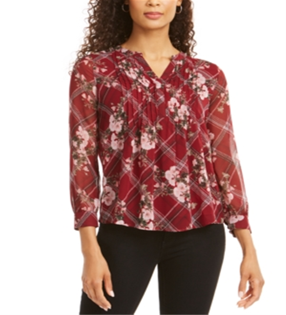 Top feminino Charter Club com estampa frontal franzida, vermelho, tamanho pequeno, extragrande