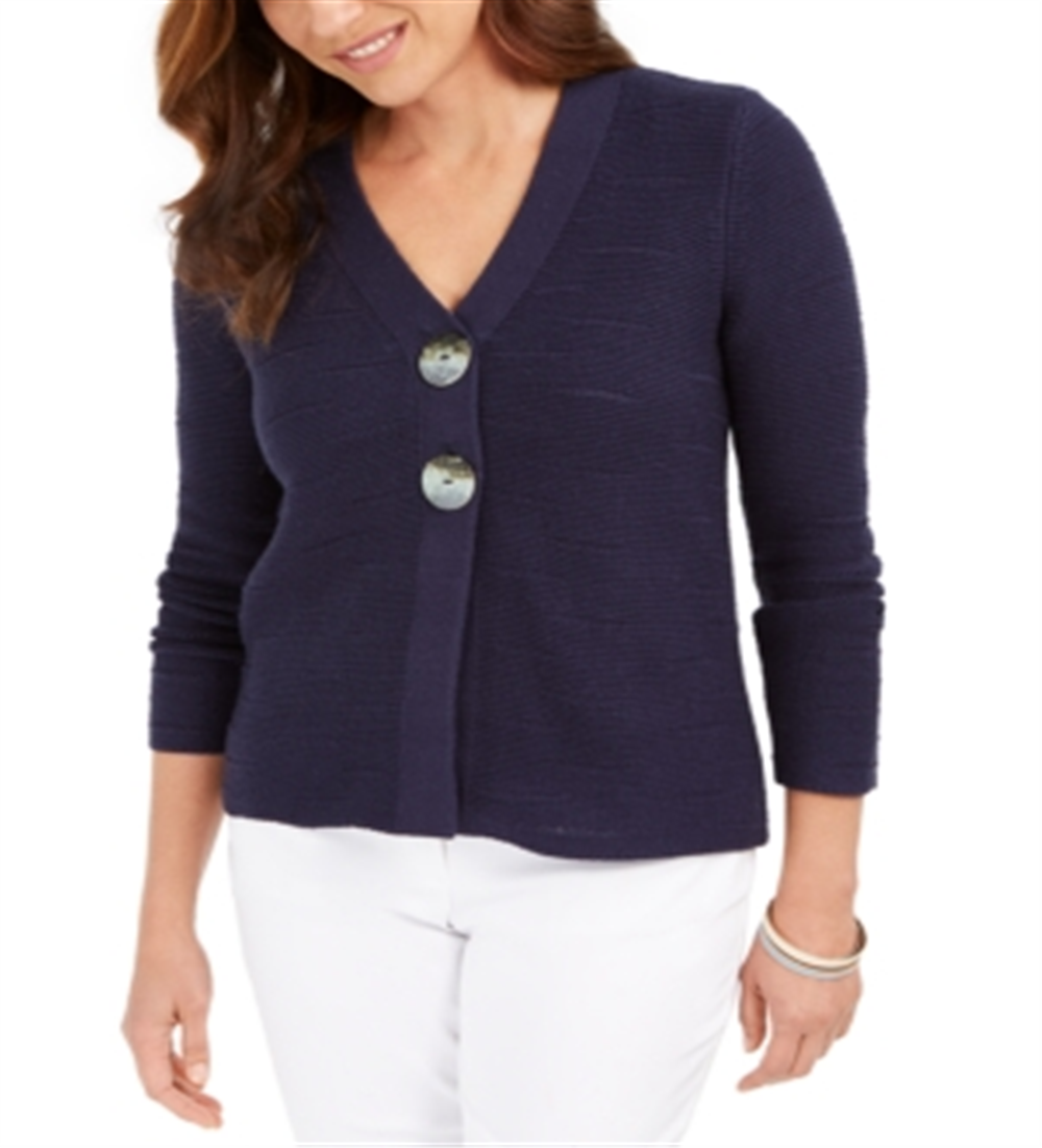 Cardigan feminino com botões e estampa de letras da coleção JM, tamanho azul marinho, pequeno, P/M