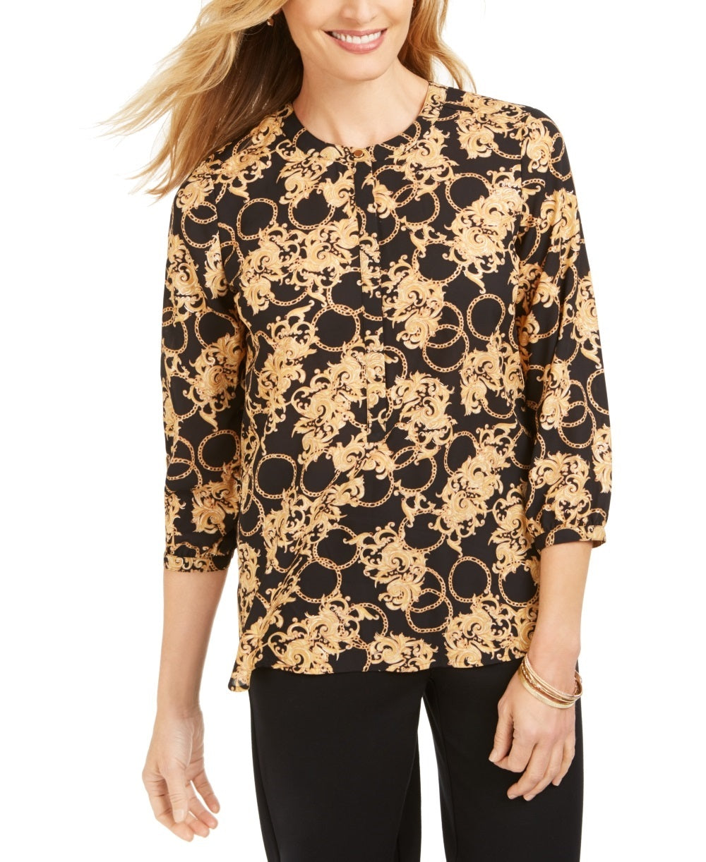 JM Collection Top Feminino Estampado com Pregas nas Costas Preto Tamanho Médio