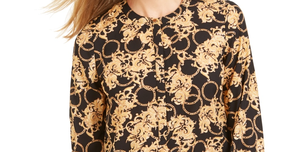 JM Collection Top Feminino Estampado com Pregas nas Costas Preto Tamanho Médio