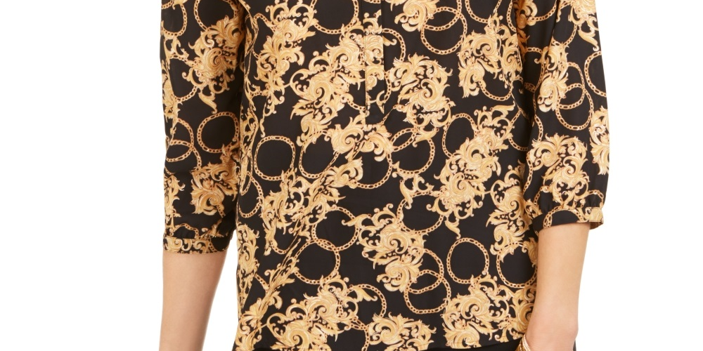 JM Collection Top Feminino Estampado com Pregas nas Costas Preto Tamanho Médio