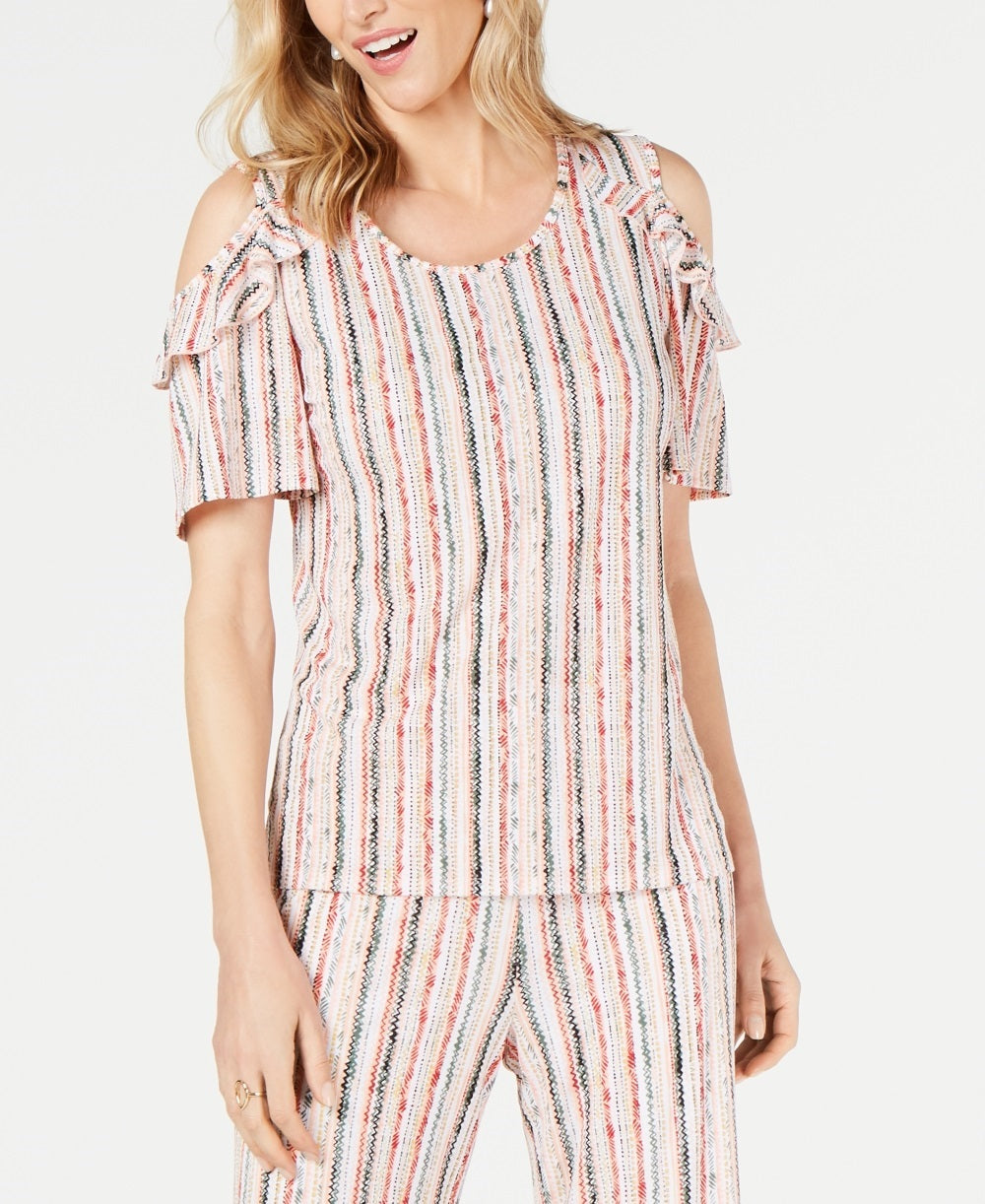 JM Collection Blusa feminina com babados e ombros descobertos, branca, tamanho extragrande