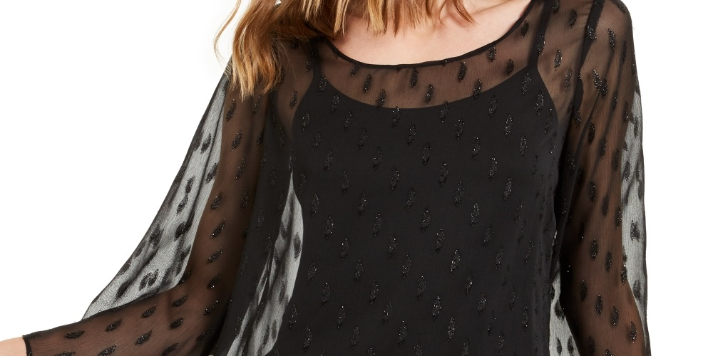 Blusa feminina Alfani com manga bufante e bainha de anjo, preta, tamanho pequeno e pequeno