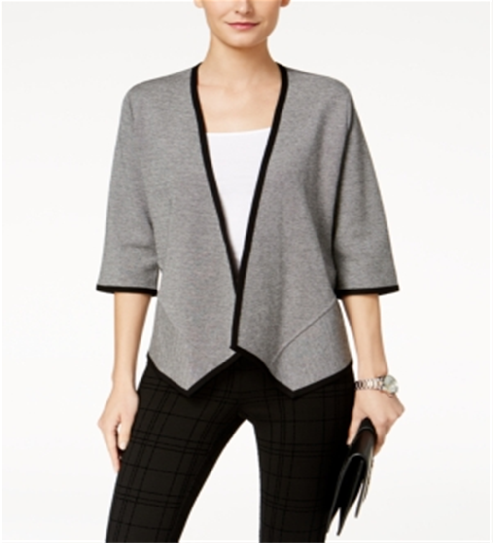 Cardigan feminino Alfani com frente drapeada, preto e cinza, tamanho pequeno e grande