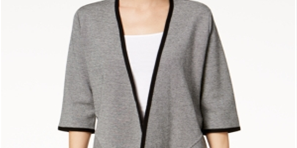Cardigan feminino Alfani com frente drapeada, preto e cinza, tamanho pequeno e grande
