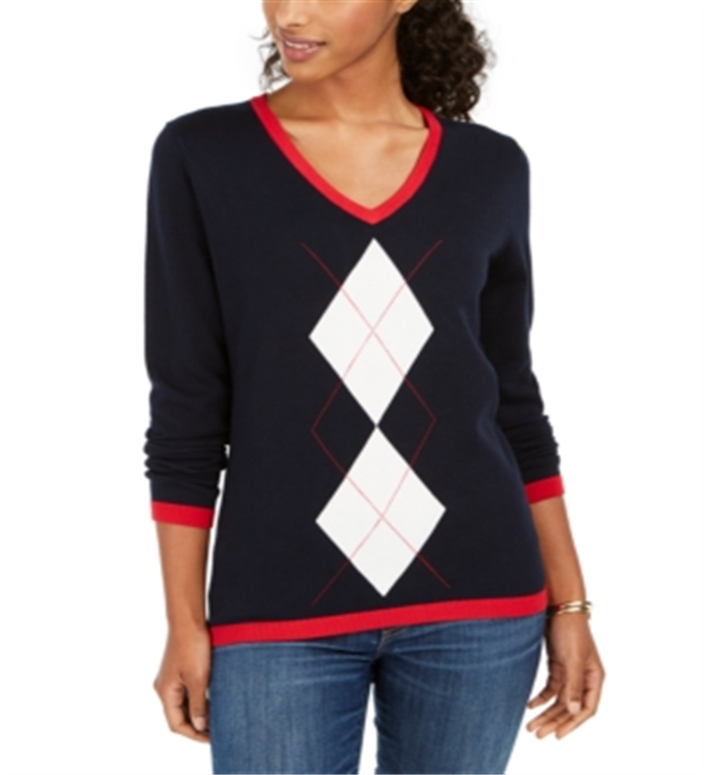 Tommy Hilfiger Suéter Feminino Sport Manga Longa Argyle Azul Tamanho Grande