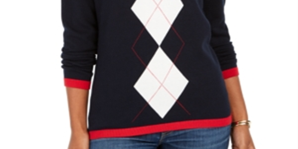Tommy Hilfiger Suéter Feminino Sport Manga Longa Argyle Azul Tamanho Grande