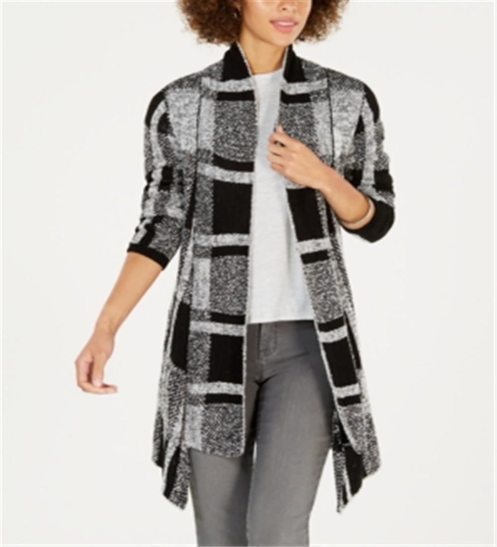 Cardigan feminino xadrez estilo boucle preto tamanho pequeno L