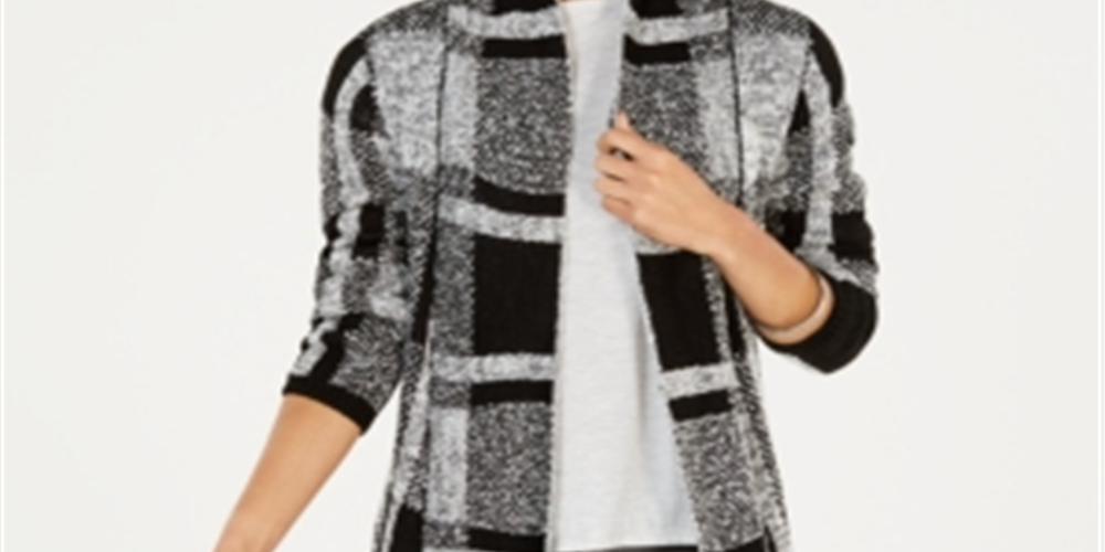 Cardigan feminino xadrez estilo boucle preto tamanho pequeno L