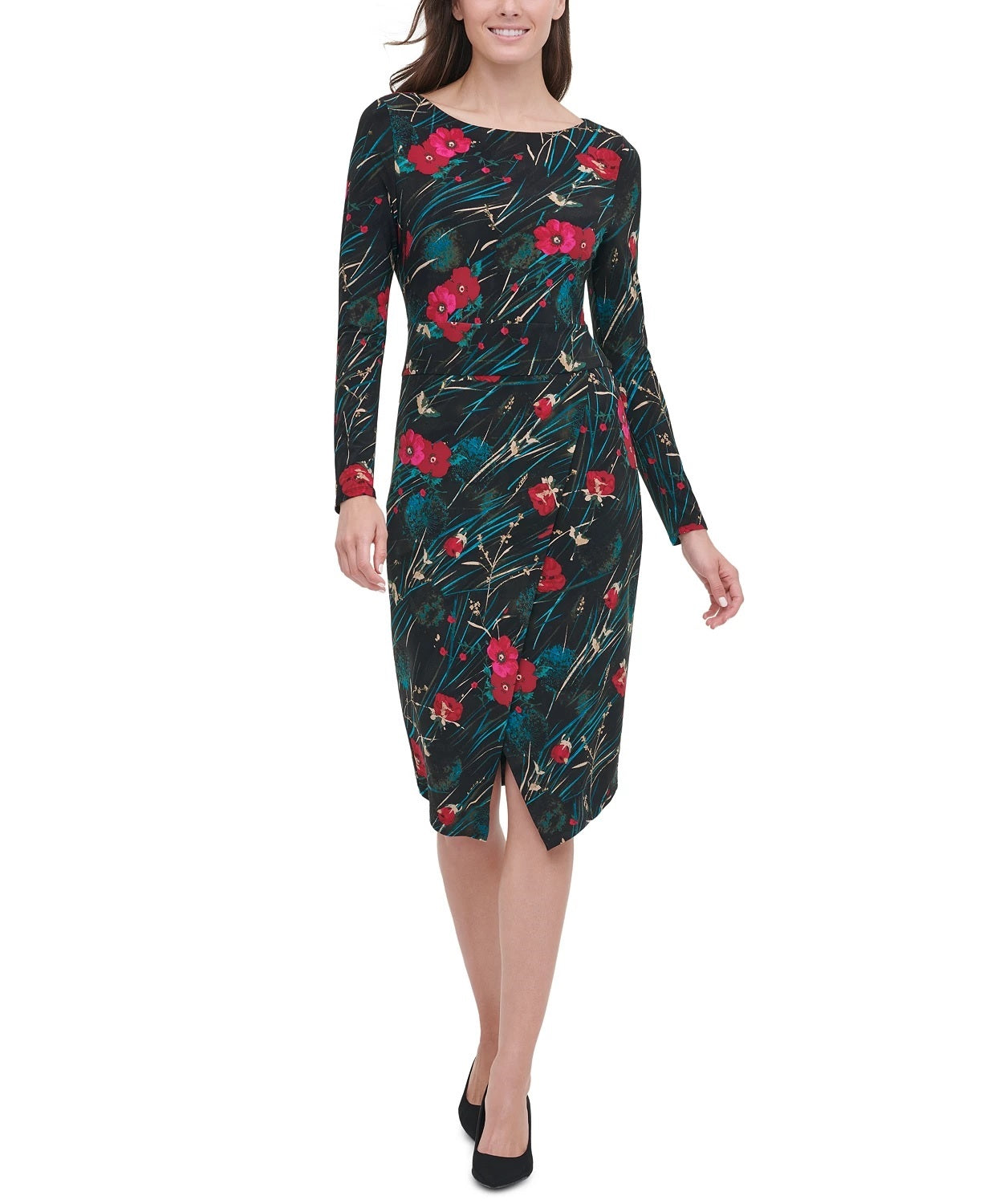 Vestido tubinho midi com decote canoa e manga comprida floral Tommy Hilfiger feminino, preto, tamanho 4