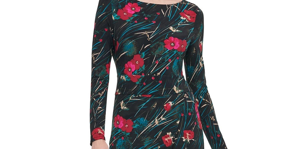 Vestido tubinho midi com decote canoa e manga comprida floral Tommy Hilfiger feminino, preto, tamanho 4