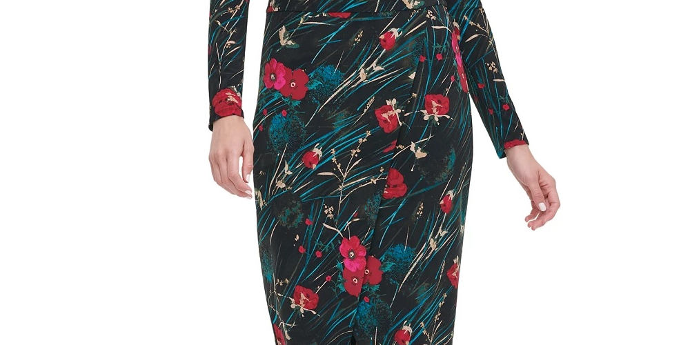 Vestido tubinho midi com decote canoa e manga comprida floral Tommy Hilfiger feminino, preto, tamanho 4
