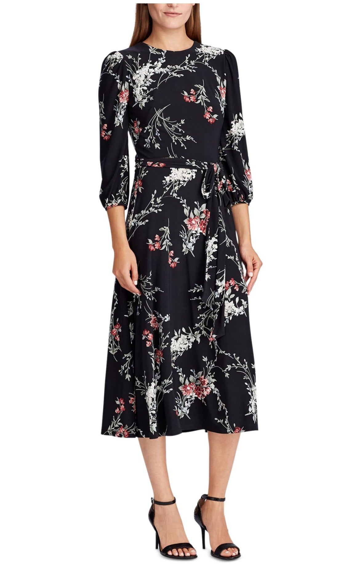 Vestido longo com cinto floral e manga comprida, gola alta, preto, tamanho 4, da Ralph Lauren