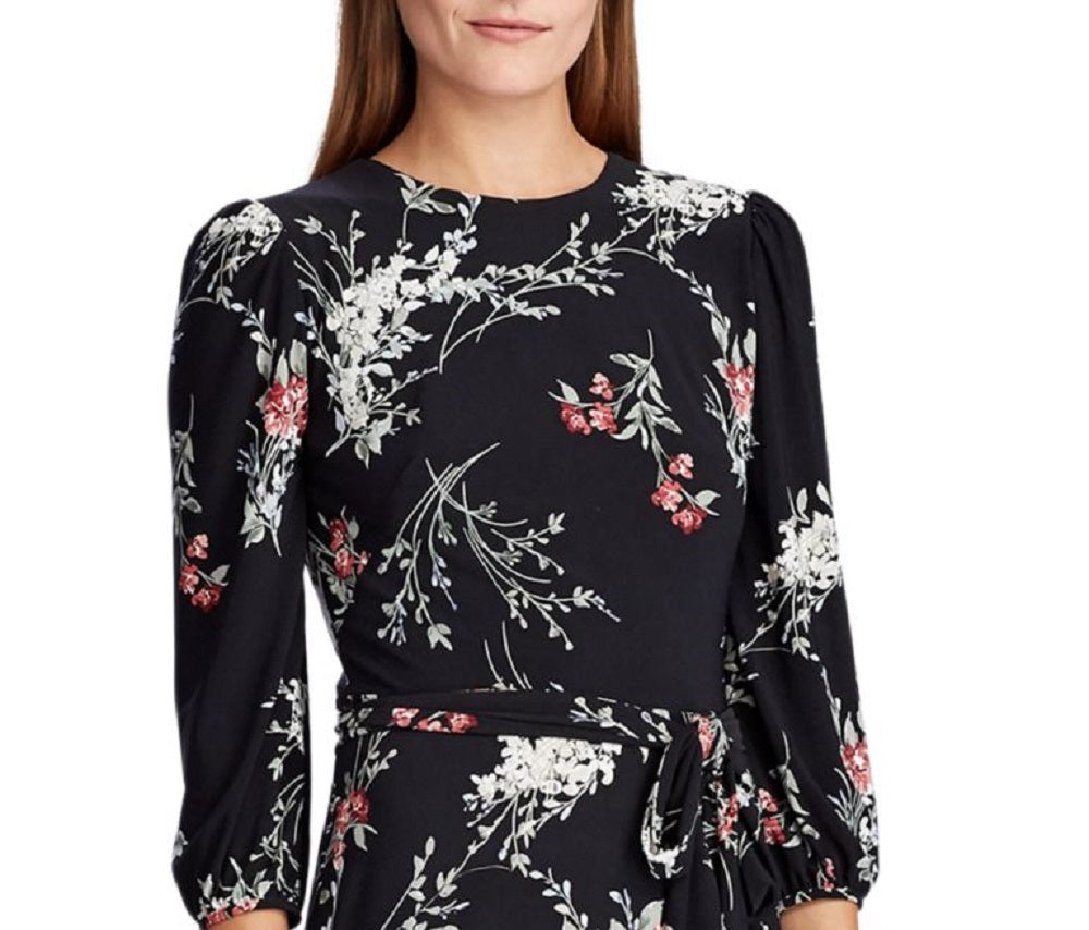 Vestido longo com cinto floral e manga comprida, gola alta, preto, tamanho 4, da Ralph Lauren