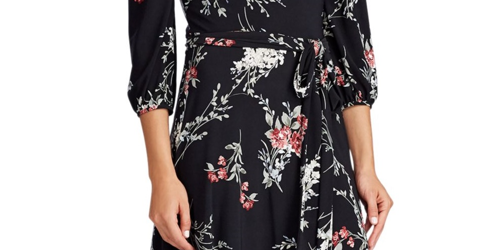 Vestido longo com cinto floral e manga comprida, gola alta, preto, tamanho 4, da Ralph Lauren