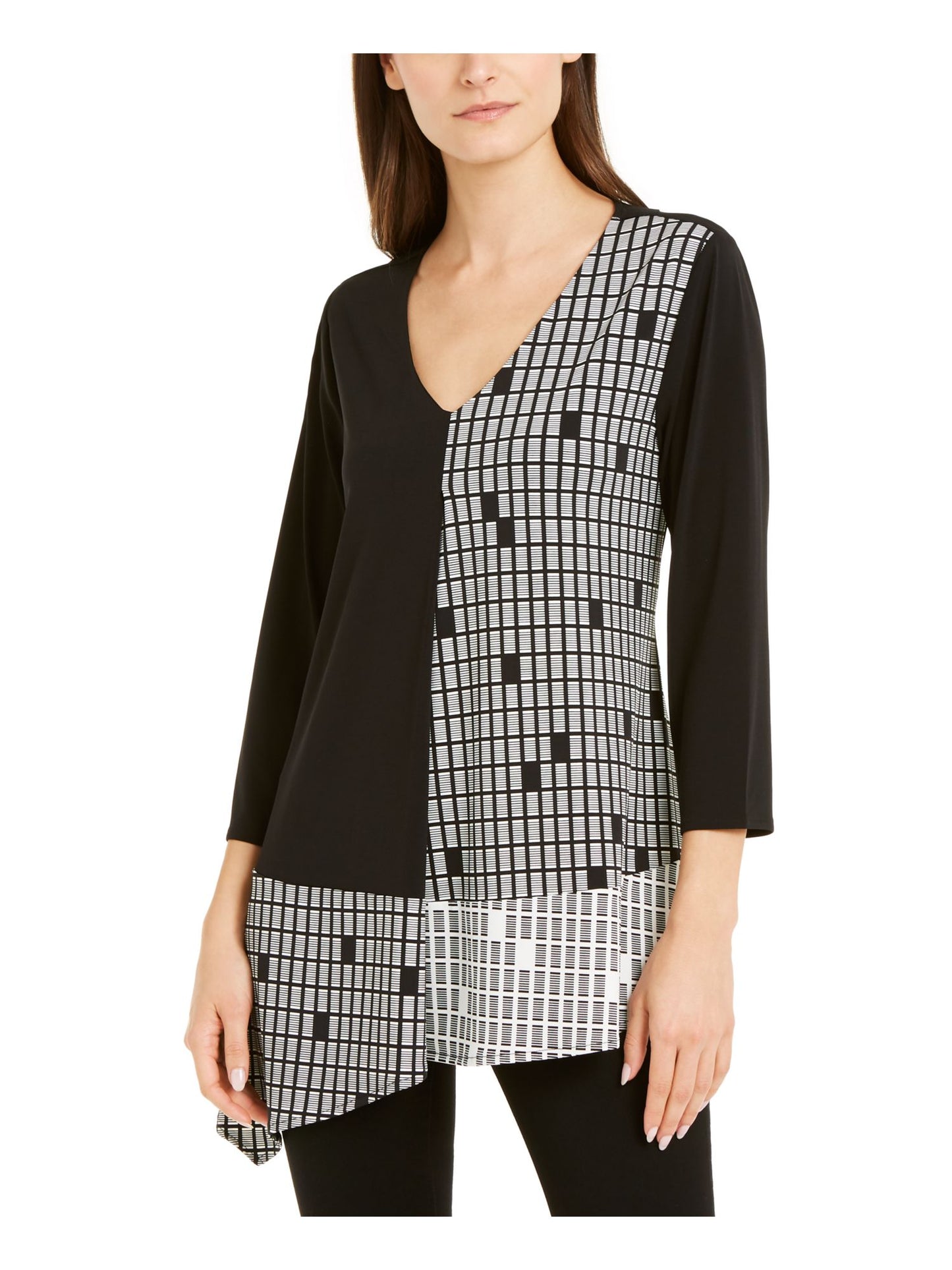 Blusa feminina Alfani com estampa mista e bainha assimétrica, preta e branca, tamanho pequeno P