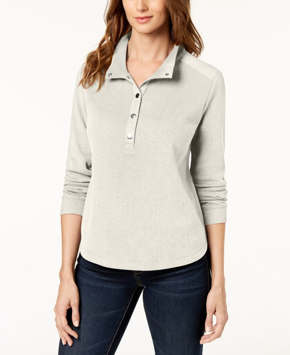 Karen Scott Top feminino pequeno com gola alta e botões na frente, branco, tamanho P