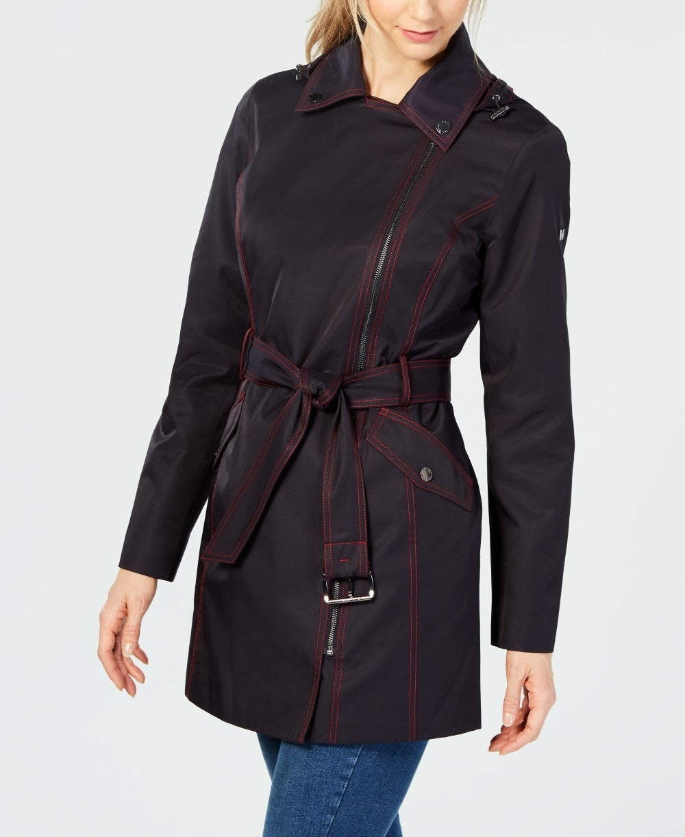 Capa de chuva feminina Michael Kors assimétrica com cinto, azul, tamanho extragrande