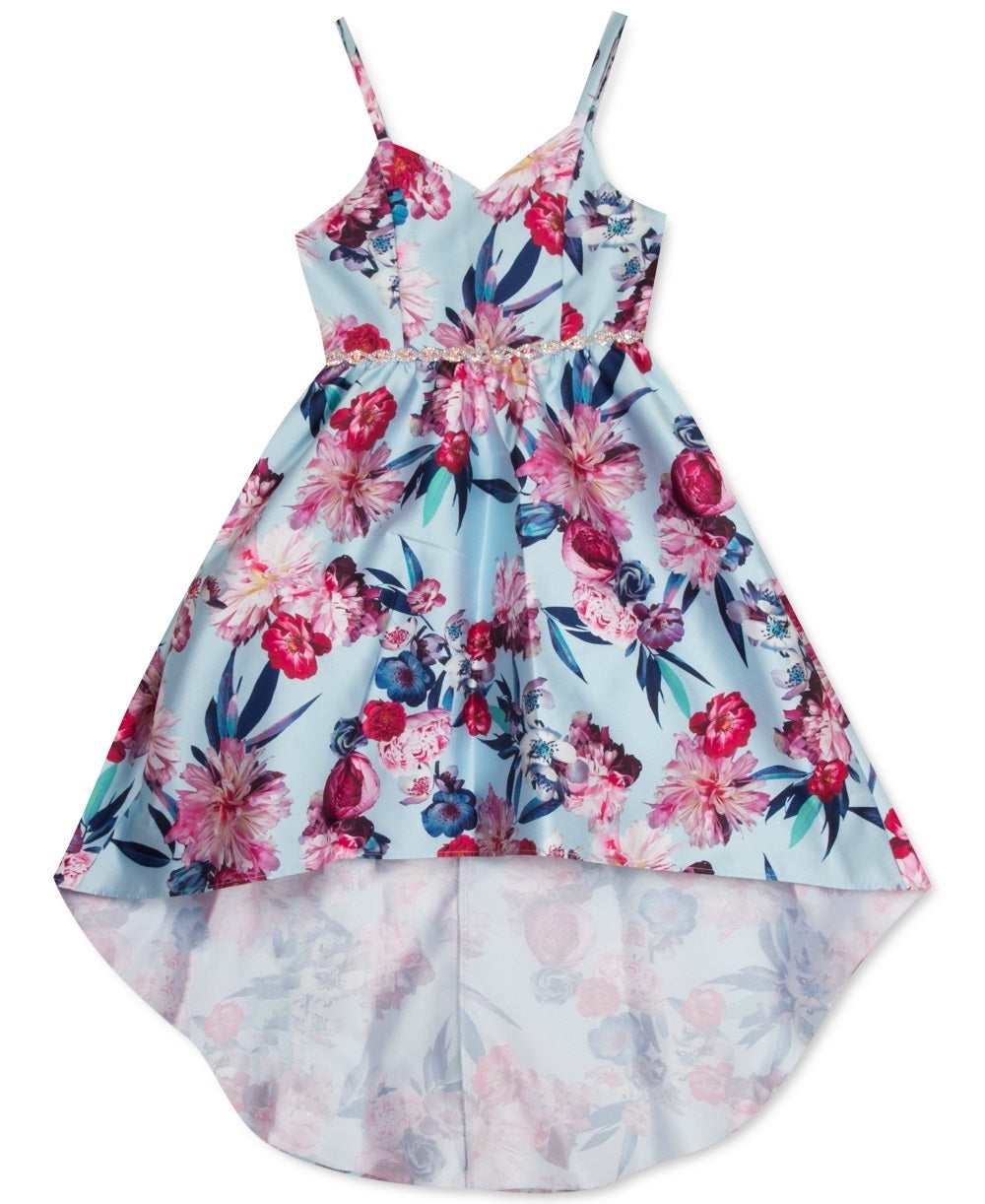 Vestido infantil com estampa floral evasê Rare Editions para meninas grandes, azul, tamanho 8