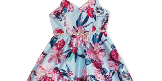 Vestido infantil com estampa floral evasê Rare Editions para meninas grandes, azul, tamanho 8