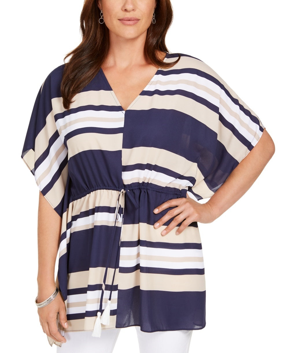 Charter Club feminino, poncho listrado com cintura amarrada, azul, tamanho extragrande