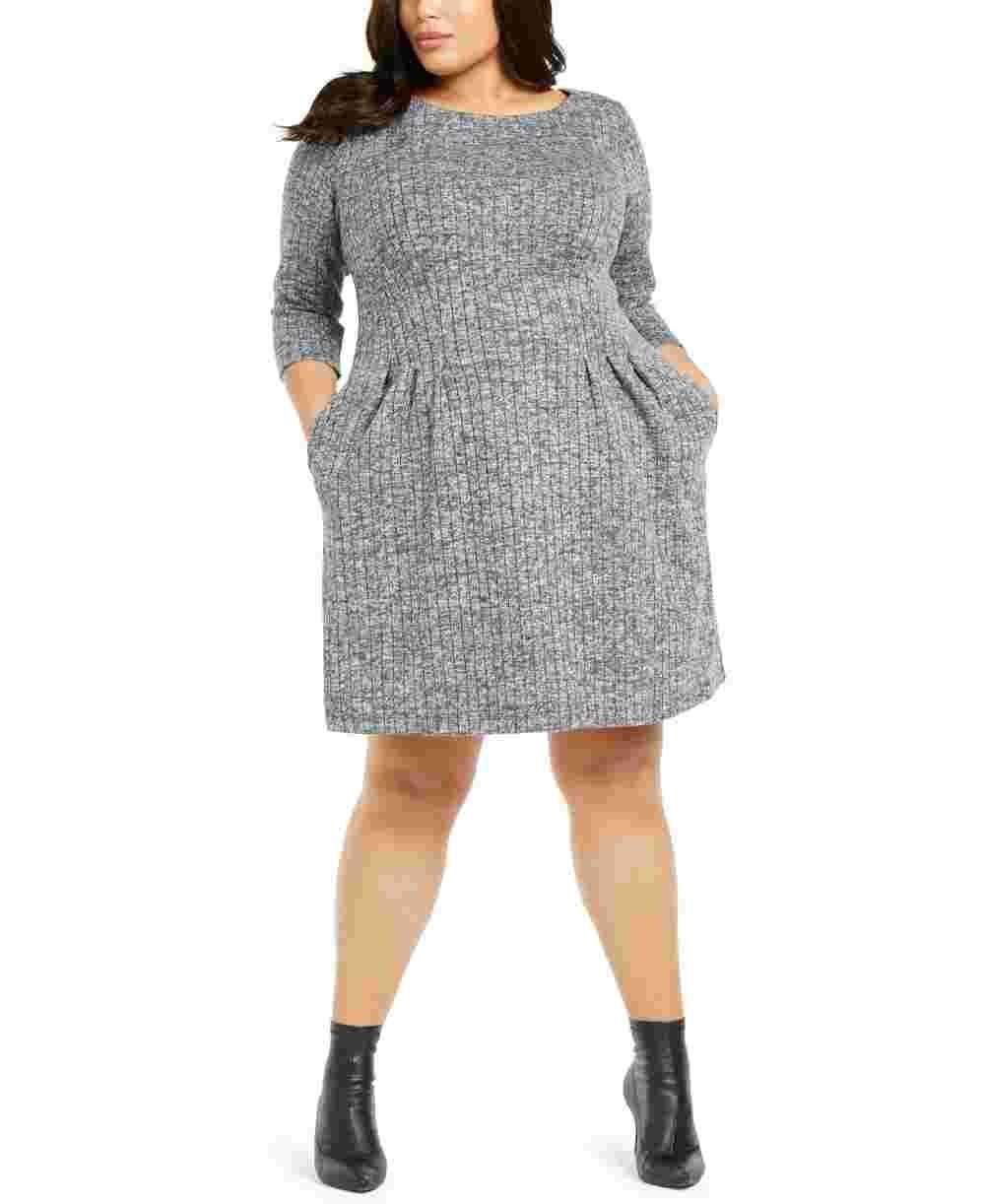 Vestido tubinho acima do joelho com bolsos mesclados e manga 3/4, gola alta, cinza, tamanho 16W da Connected Women's Apparel