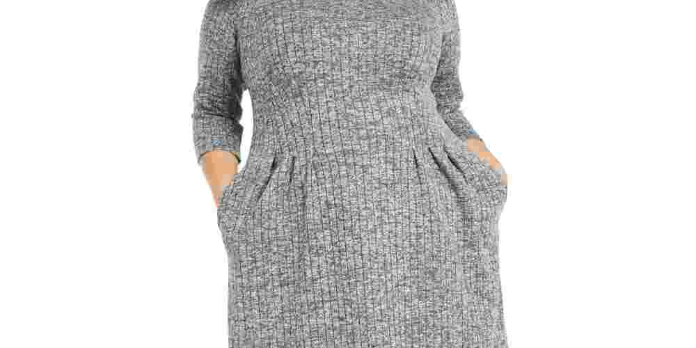 Vestido tubinho acima do joelho com bolsos mesclados e manga 3/4, gola alta, cinza, tamanho 16W da Connected Women's Apparel