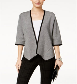 Cardigan feminino Alfani com frente drapeada e manga 3/4 aberta, preto e cinza, tamanho pequeno médio