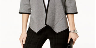 Cardigan feminino Alfani com frente drapeada e manga 3/4 aberta, preto e cinza, tamanho pequeno médio