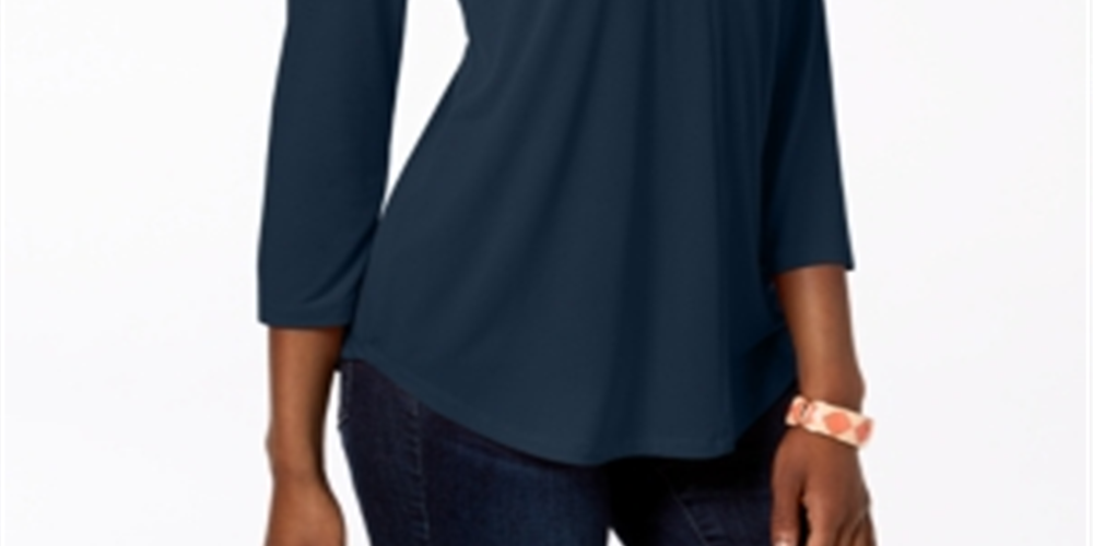 Top feminino Charter Club com decote plissado e manga 3/4, azul, tamanho pequeno e pequeno