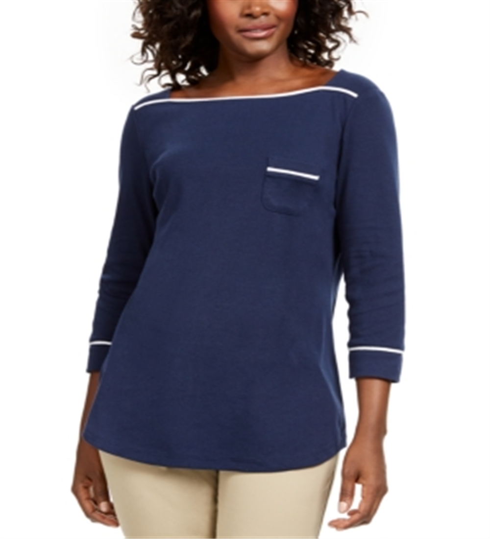 Camiseta feminina Karen Scott com acabamento em viés, azul, tamanho pequeno GG