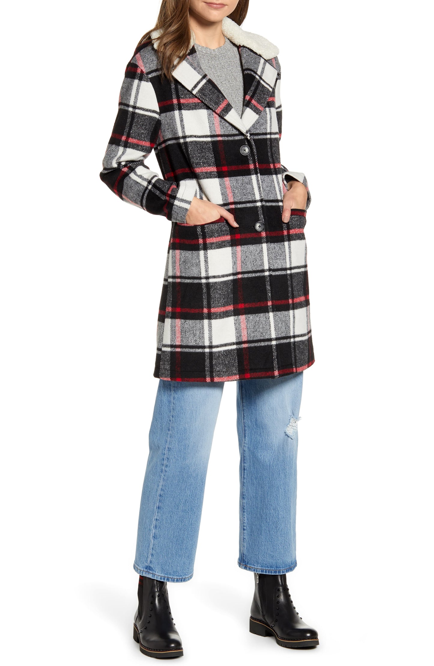 Jaqueta feminina Levi's xadrez com gola de pele sintética vermelha/xadrez tamanho grande