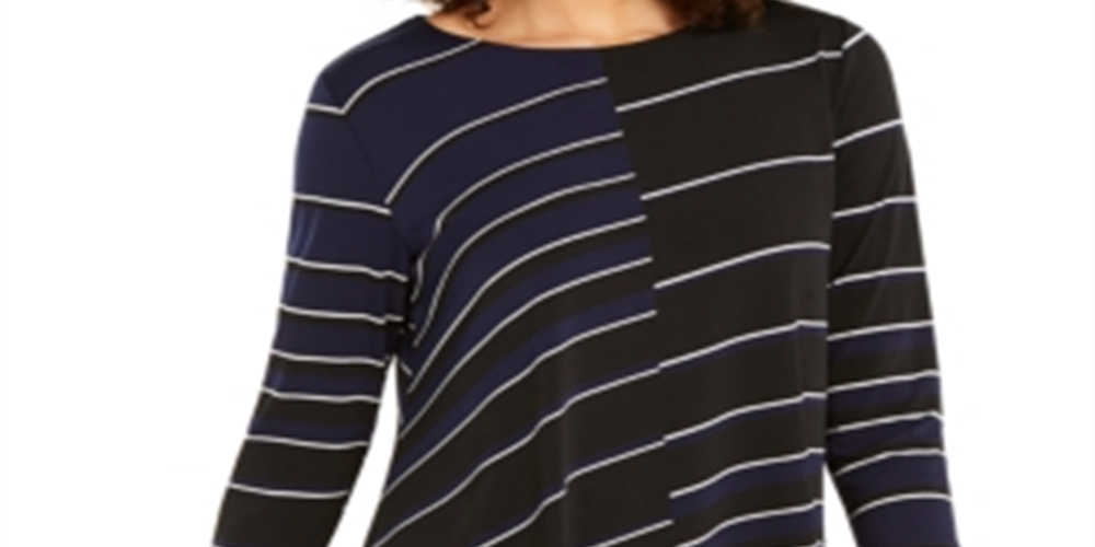 Túnica feminina Alfani estampada com listras azul-marinho/brancas, tamanho pequeno P/M