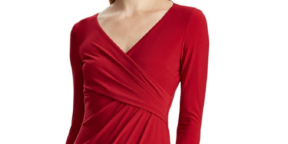 Vestido de coquetel Ralph Lauren feminino vermelho, manga comprida, decote em V, acima do joelho, tamanho 2, pequeno