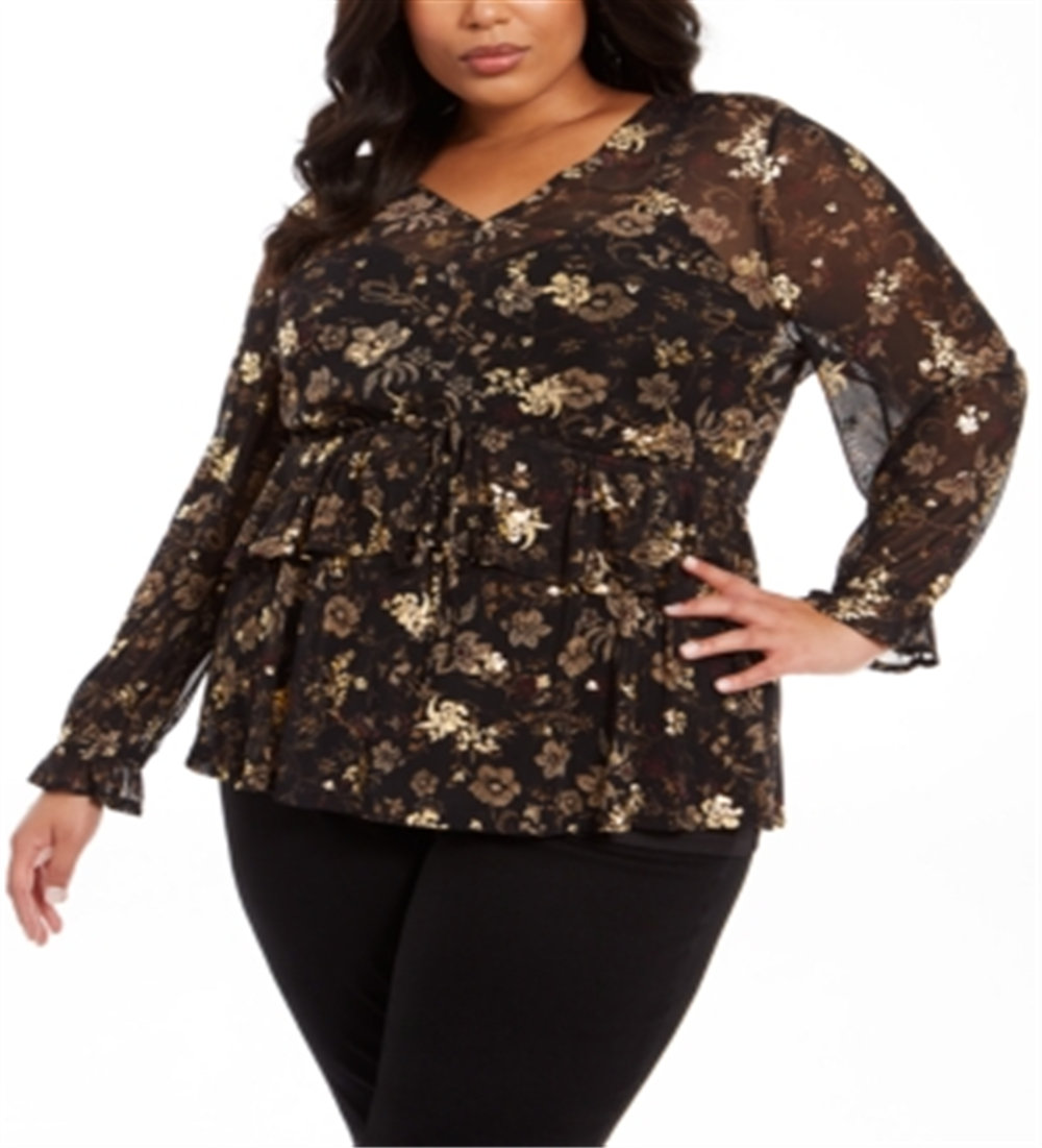Blusa feminina plus size com babados e estampa floral estilo &amp; co, preta, tamanho 0X