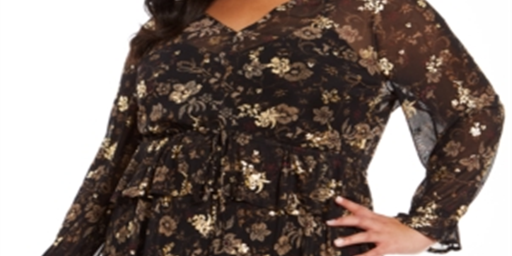 Blusa feminina plus size com babados e estampa floral estilo &amp; co, preta, tamanho 0X