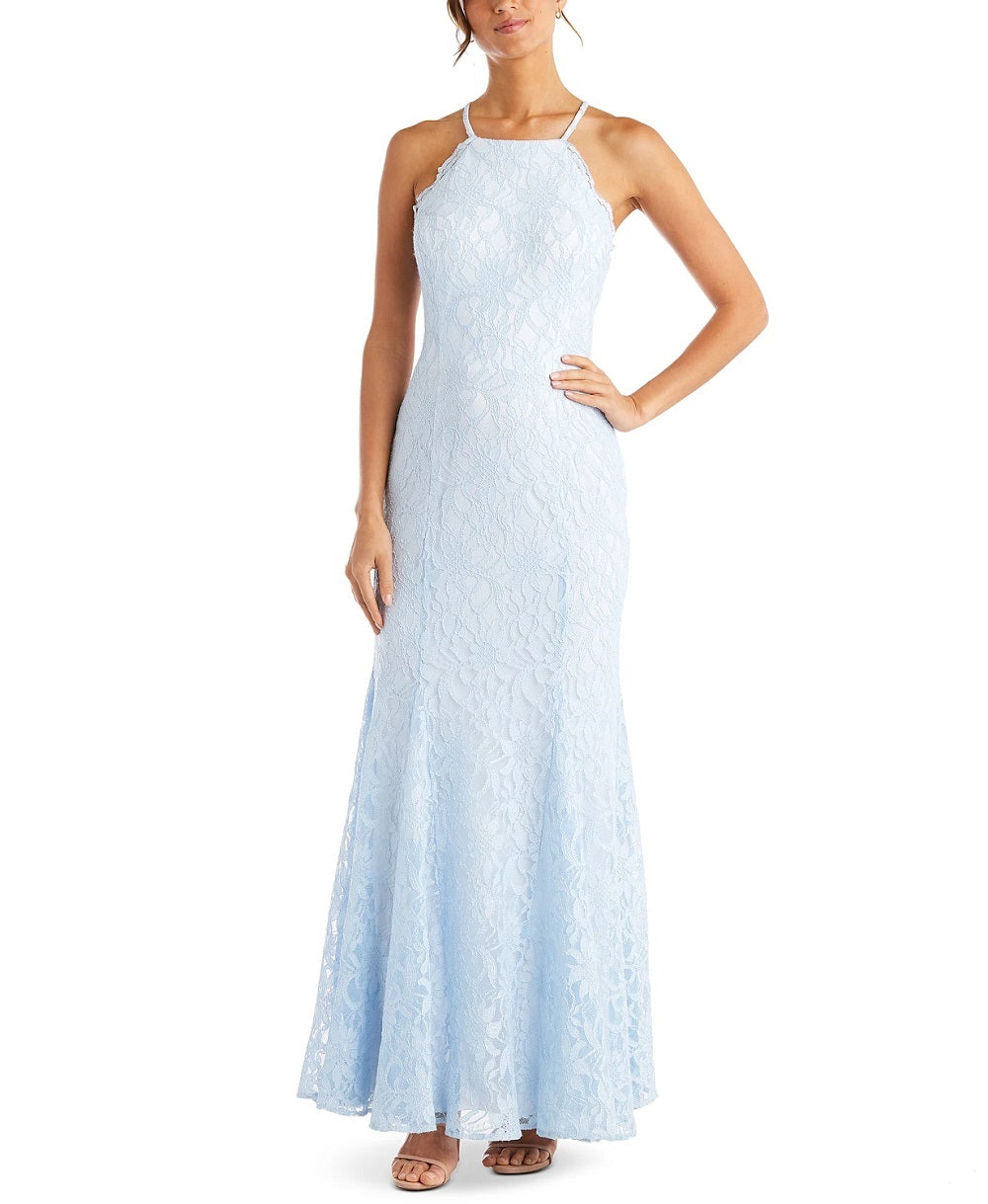 Vestido de festa infantil Morgan &amp; Company, azul, tamanho 3, com renda e costas abertas