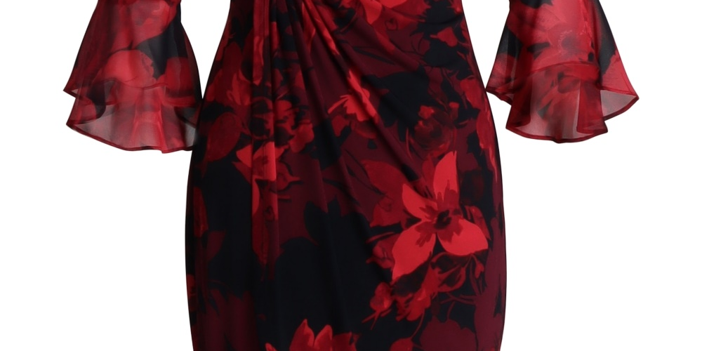 Vestido tubinho feminino Connected com mangas franzidas, vermelho, tamanho 8, pequeno