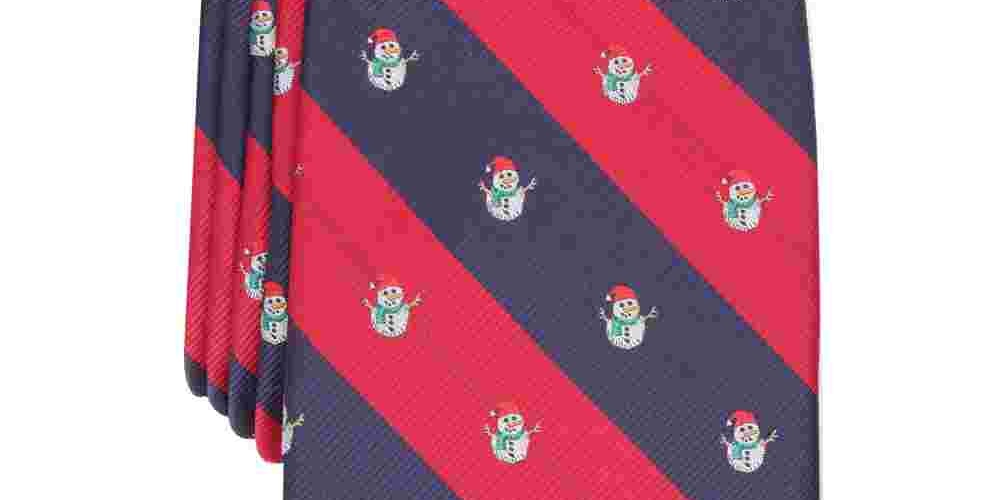 Gravata fina listrada com estampa de boneco de neve vermelho Club Room masculina, tamanho regular