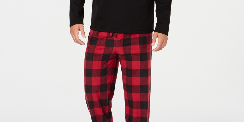 Conjunto de pijama de lã xadrez masculino Club Room, preto, tamanho pequeno