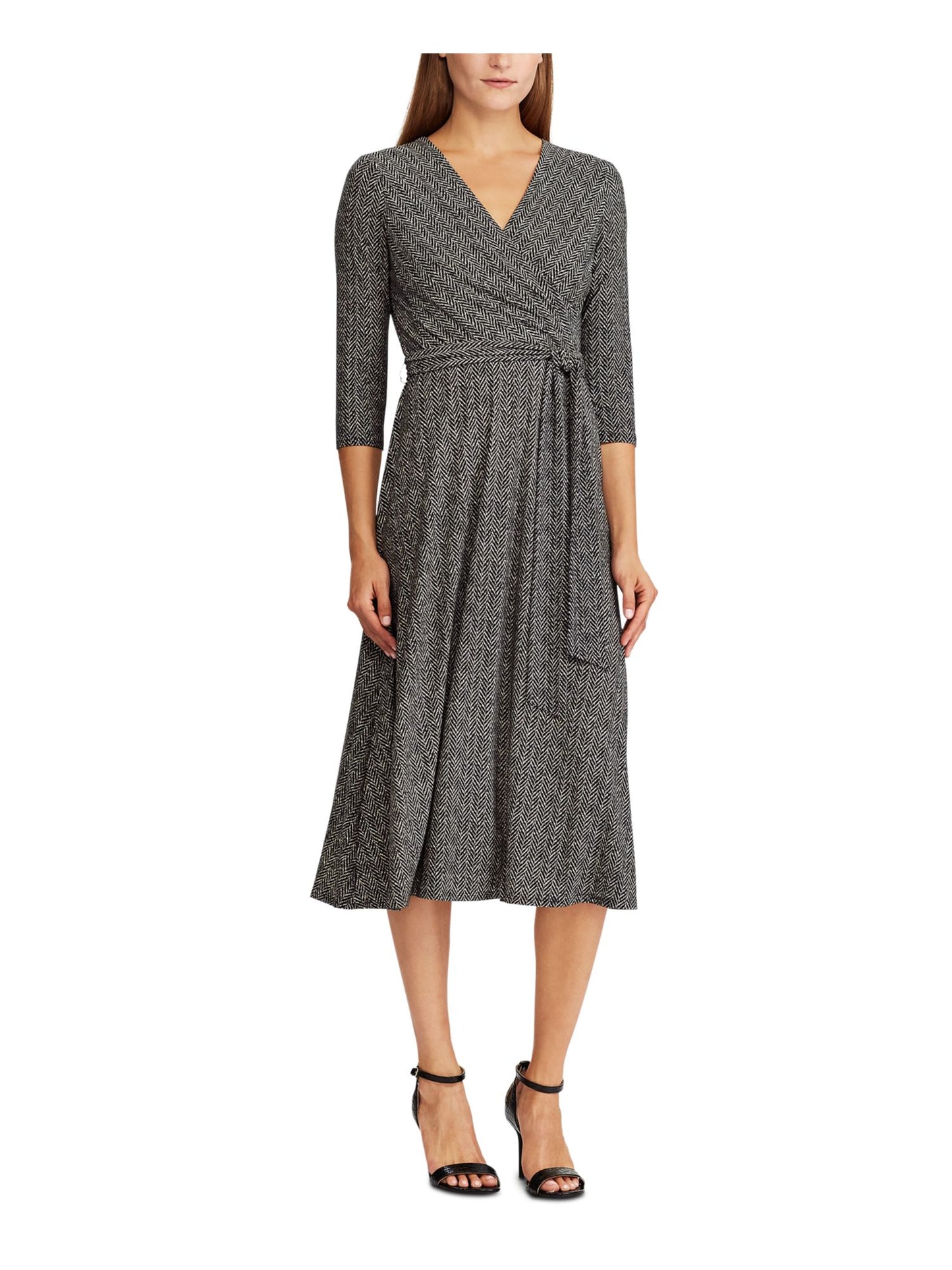 Vestido midi envelope falso Ralph Lauren feminino, manga 3/4, preto, tamanho 18