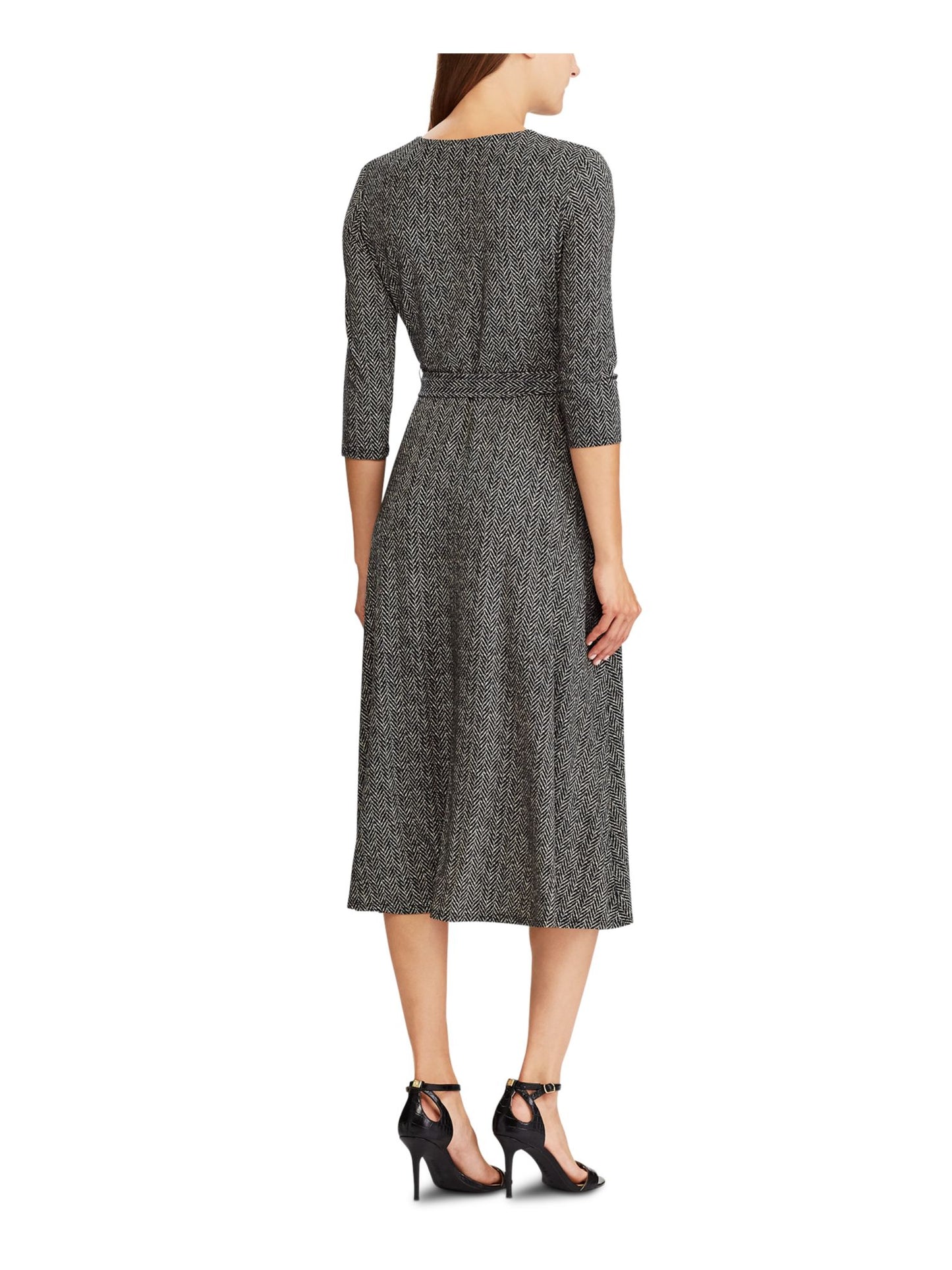 Vestido midi envelope falso Ralph Lauren feminino, manga 3/4, preto, tamanho 18