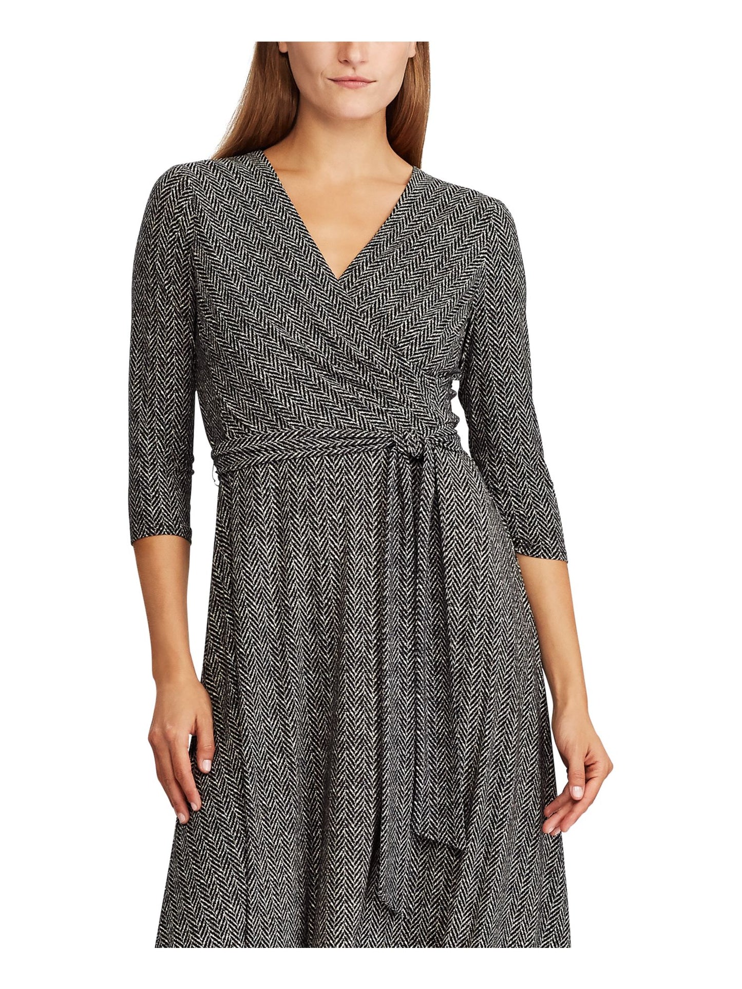 Vestido midi envelope falso Ralph Lauren feminino, manga 3/4, preto, tamanho 18