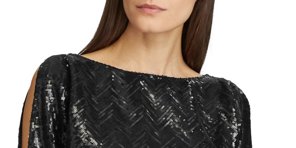 Vestido de festa longo com lantejoulas e decote em joia, preto, tamanho 4, da Ralph Lauren, feminino