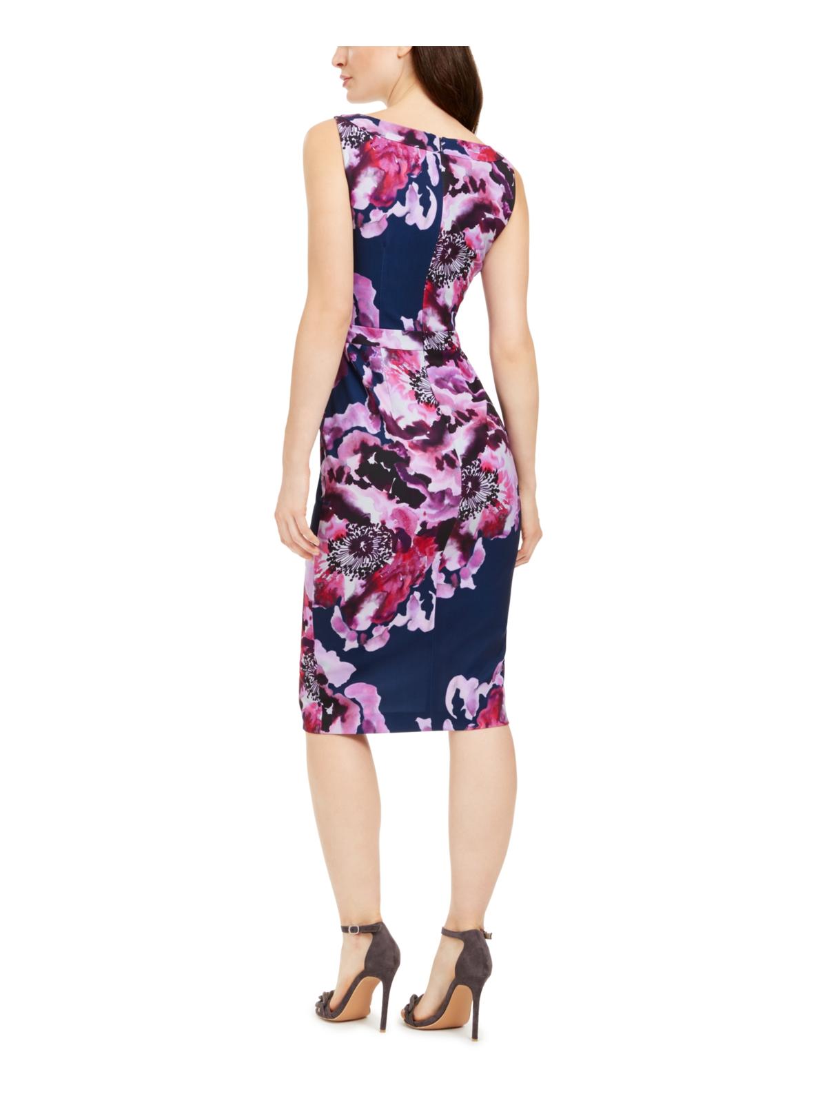 Vestido justo feminino Trina Turk com estampa floral e sem mangas, azul-marinho/roxo, tamanho 16